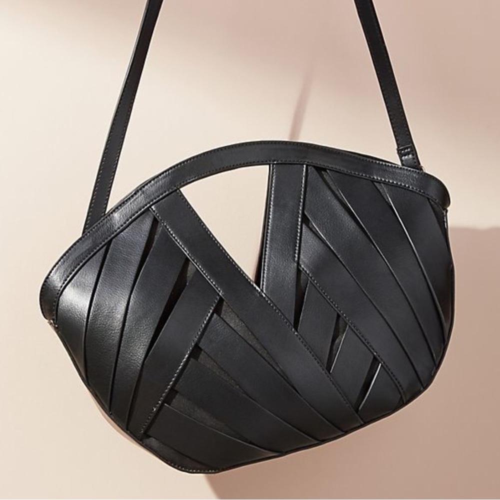 ANTHROPOLOGIE Black Structured Woven Basket Bag Crossbody or Handbag OS - Picture 3 of 13